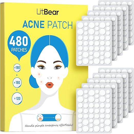 LitBear Pimple Patch Bulk Pack, 480 Pieces, 3 Sizes Hydrocolloid Pimple Patches for Face to Cover Pimples, Blemishes and Acne, Suitable for All Skin Types