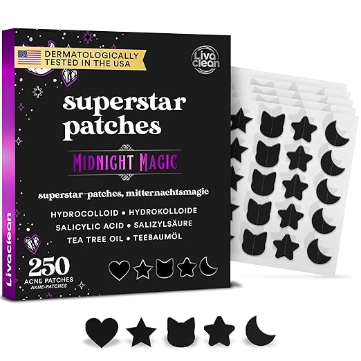LivaClean 250CT Pimple Patch Stars Midnight Magic Black with Tea Tree Oil - Hydrocolloid Pimple Patches for Face, Anti Pimple Patches, Pimple Plaster, Acne Patch