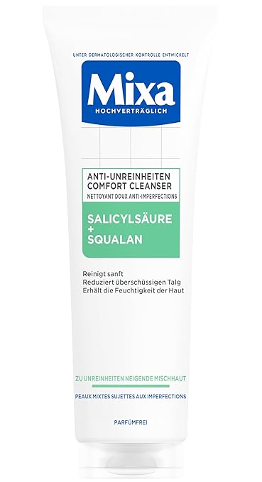 Mixa Anti-impurities comfort cleanser, for acne-prone and sensitive skin, smooths the appearance of pores, with salicylic acid and squalane, suitable for face and neck, hypoallergenic, 150 ml