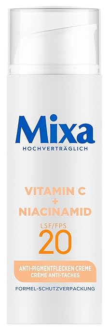 Mixa Anti-pigment spot cream, for uneven, dull and sensitive skin with vitamin C and niacinamide, suitable for face and neck, SPF 20, hypoallergenic, 50 ml