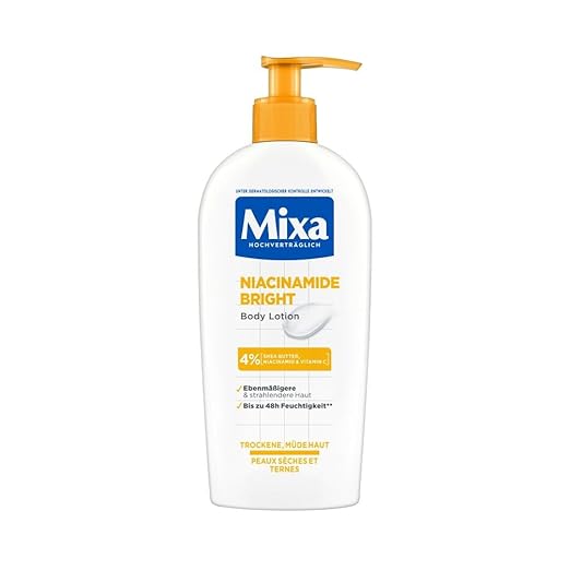 Mixa Moisturising Body Lotion, Suitable for Face, Body & Hands, Suitable for Dry & Tired Skin, Niacinamide Bright, Hypoallergenic, 250 ml