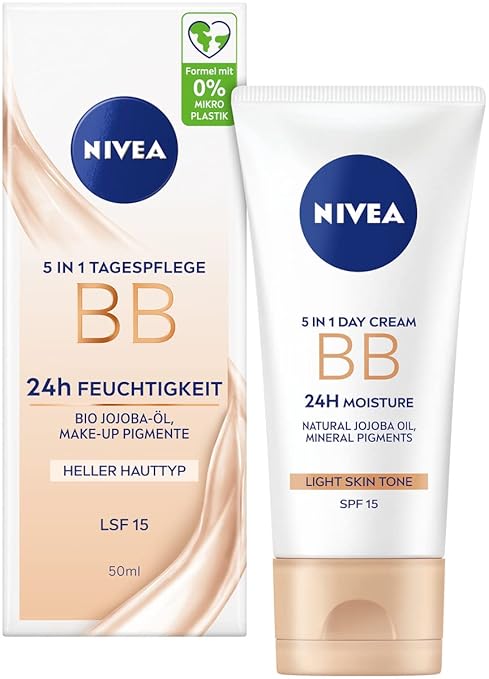 NIVEA 5-in-1 Day Cream BB 24h Moisture SPF 15, Tinted Day Cream for Light Skin Types, Face Cream with Organic Jojoba Oil and Make-Up Pigments