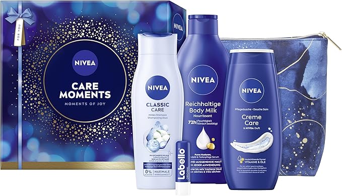 NIVEA Care Moments Gift Set, Gift for Women, Gift Box with Shower Gel (250ml), Shampoo (250ml), Body Lotion (400ml), Labello Lip Care (4.8g) and Toiletry Bag