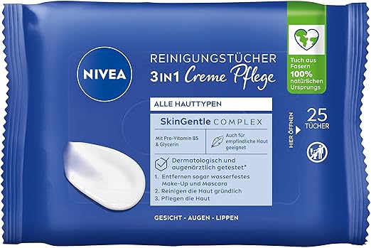 NIVEA Cleansing Wipes 3-in-1 Cream Care, Gentle Make-Up Wipes for Waterproof Make-Up, Face Cleansing for All Skin Types with Fragrance & Care of NIVEA Cream (Pack of 25)