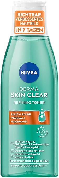 NIVEA Derma Skin Clear Refining Toner, Pore Refining Facial Toner for Visibly Improved Skin Complexion, Facial Cleansing with Salicylic Acid & Niacinamide (200 ml)