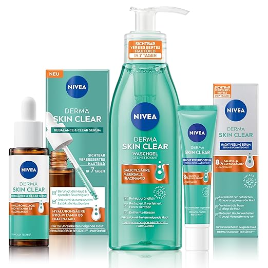 NIVEA Derma Skin Clear Routine Set with Rebalance & Clear Serum, Night Scrub Serum & Wash Gel, Face Care for Blemished Skin with Salicylic Acid & Niacinamide