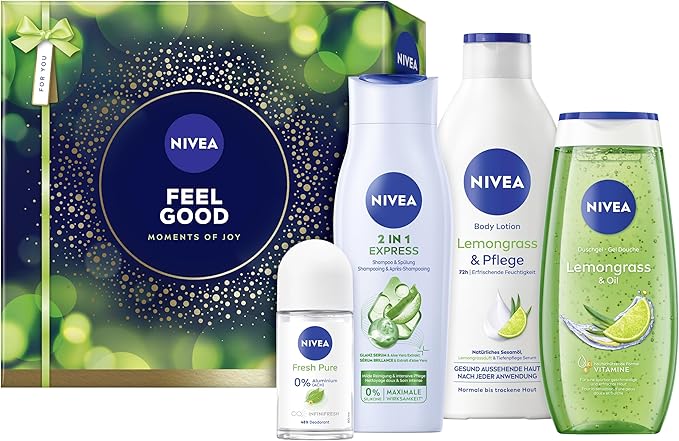 NIVEA Feel Good Gift Set, Gift for Women, Gift Box with Shower Gel (250 ml), Shampoo (250 ml), Body Lotion (400 ml) and Deodorant (50 ml)