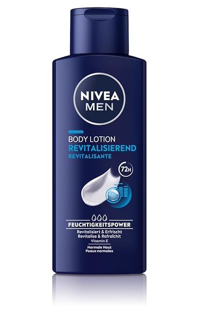 NIVEA MEN Body Lotion Revitalising, Non-Greasy Body Cream with Vitamin E, Fast Absorbing and Refreshing Body Milk for Normal Skin (250 ml)
