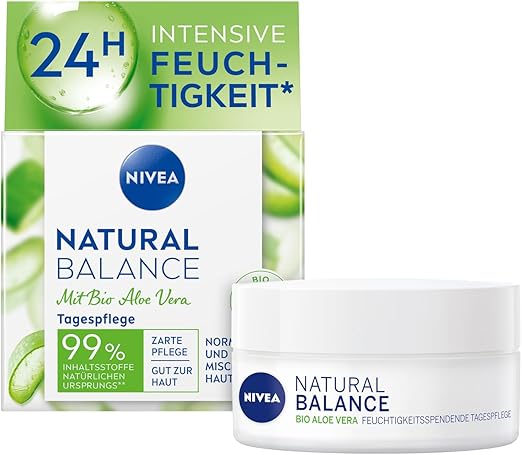 Nivea Natural Balance Moisturising Day Cream (50 ml), Hydrating Cream with Organic Aloe Vera, Jojoba and Almond Oil, Day Cream for Normal and Combination Skin
