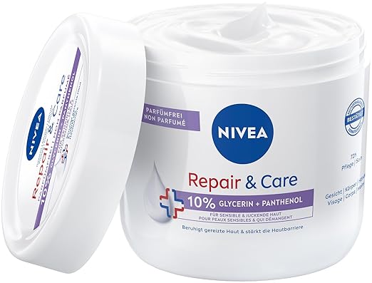 NIVEA Repair & Care Cream Fragrance-Free (400 ml), Moisturising Body Cream, Fast Absorbing Lotion with Glycerin, Provitamin B5 & Ceramides for Dry, Sensitive Skin