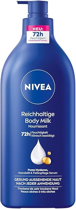NIVEA Rich Body Milk, Intensely Nourishing Body Cream with Pure Hyaluron, Almond Oil and Deep Care Serum, Lotion for Dry Skin (625 ml)