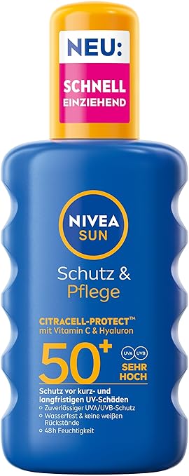 NIVEA SUN Protection & Care Sun Spray SPF 50+, Waterproof Sun Cream Spray with Vitamin C & Hyaluron, Fast Absorbing Sun Protection for 48 Hours of Moisture (200 ml)