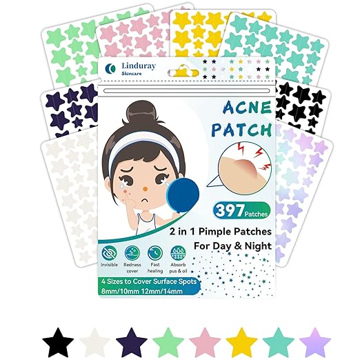 Pack of 397 Colourful Star Pimple Patches, Hydrocolloid Acne Plasters, Invisible Pimple Patches for Face, Teenagers & Adults, Ideal for Day and Night
