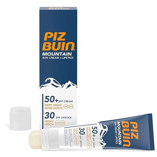PIZ BUIN Mountain 2-in-1 Sun Cream SPF 50+ 20ml and Lip Care SPF 30 2.3ml Moisturising Sun Protection Specially for Skiing and Hiking, Protects Against Wind and Cold