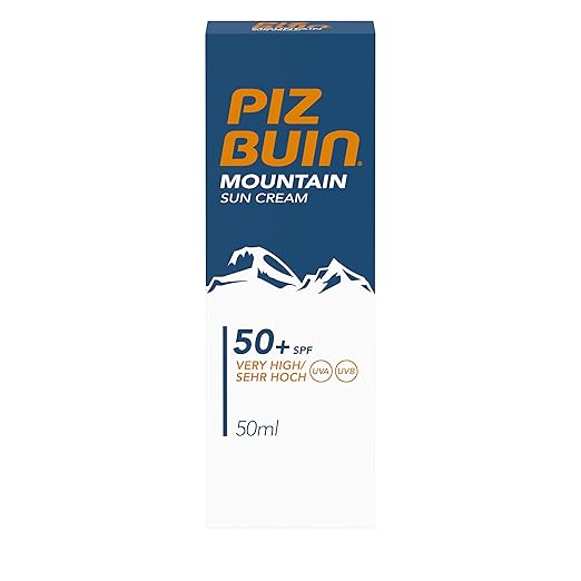 Piz Buin Mountain Sun Cream, Sun Protection for Winter Sports or Alpine Hikes, High Protection Against Sunburn, Cold and Wind, Nourishes the Skin SPF 50 Plus, 50 ml