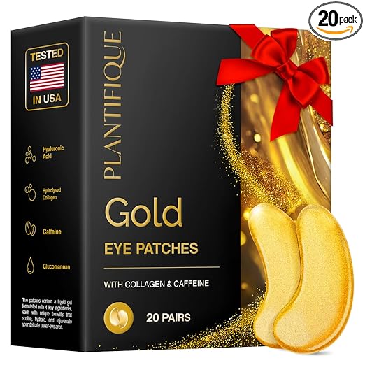 Plantifique Eye Pads Against Dark Circles and Bags - 20 Pairs Gold Eye Pads with Collagen, Caffeine - Eye Mask Under Eye Patches Mask - Eye Pads Gifts
