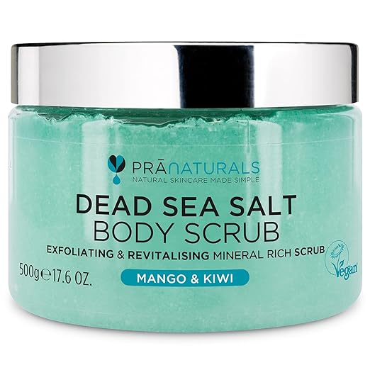 PraNaturals Revitalising Dead Sea Body Scrub 500g, 100% Organic Nourishing Skin Exfoliating Salt Scrub, Rich in Natural Minerals for All Skin Types, Blended with Mango & Kiwi Fruit Oils