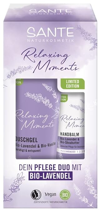 SANTE Naturkosmetik Gift Set Lavender Limited Edition (X-Mas), Relaxing Care Duo with Organic Lavender & Vanilla, Ideal as a Gift for Christmas, Shower Gel 200 ml & Hand Balm 75 ml