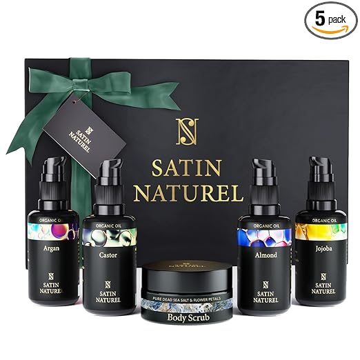 Satin Naturel Pampering Gift Set for Women with Organic Argan Oil, Castor Oil, Almond Oil, Jojoba Oil and Shea Butter, Wellness Set