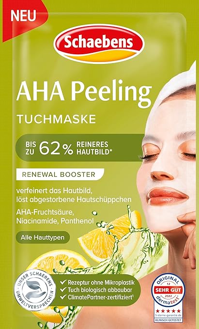 Schaebens AHA Exfoliating Cloth Mask – Renewal Booster, Refines the Skin, Removes Dead Skin Scales with AHA Fruit Acid, Niacinamide and Panthenol for All Skin Types