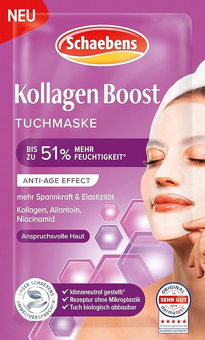 Schaebens Collagen Boost Cloth Mask, Anti-Age Effect with Collagen, Allantoin and Niacinamide for Demanding Skin