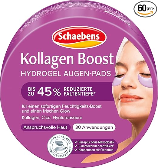 Schaebens Collagen Boost Hydrogel Eye Pads 60 Pack for 30 Uses for an Instant Moisture Boost and Fresh Glow with Collagen, Cica and Hyaluronic Acid