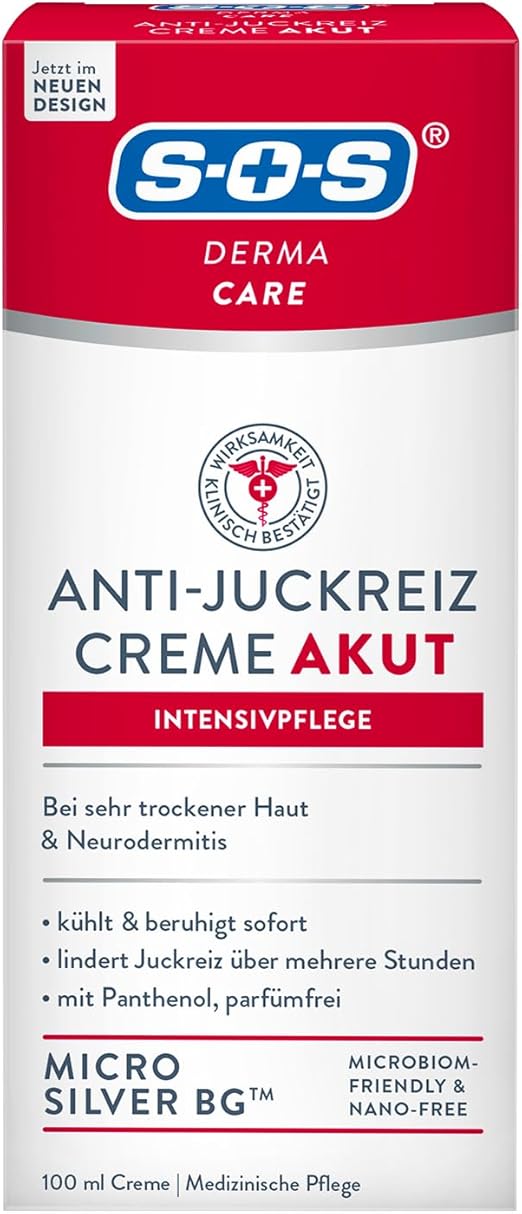 SOS Derma Care Anti-Itching Cream Acute Intensive Care (100 ml) - Relieves Itching in Dry Skin & Neurodermatitis - With Panthenol & Micro Silver - Suitable for Adults & Children
