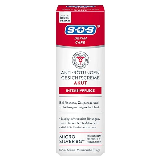 SOS Derma Care Anti Redness Cream (50 ml) - Reduces Skin Redness on the Face - Intensive Face Care Against Rosacea, Couperose, Red Veins & Neurodermatitis - with Micro Silver