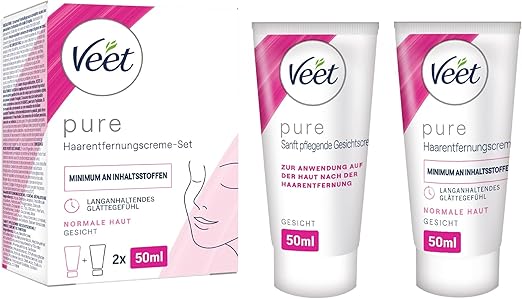Veet Face Hair Removal Cream Set for Sensitive Skin with Aloe Vera + Vitamin E, 1x50 ml Depilatory Cream + 1x 50 ml Nourishing Cream