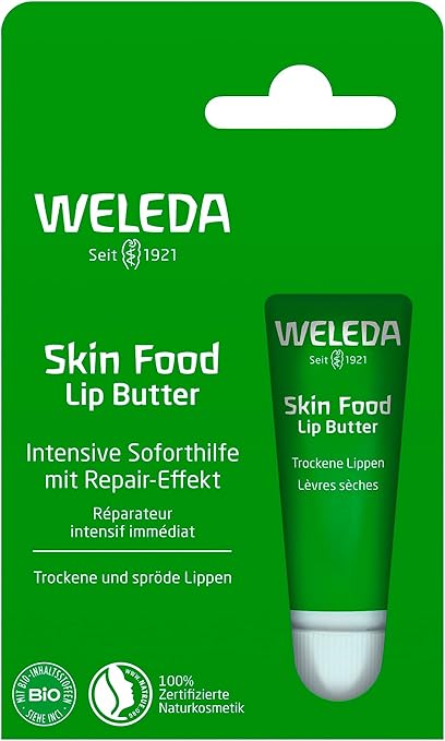 WELEDA Organic Skin Food Lip Butter Lip Care - Natural Cosmetics Care Lip Balm Instant Aid for Brittle & Dry Lips. Sustainable Lipstick with Beeswax, Lanolin & Sunflower Oil (1 x 8 ml)