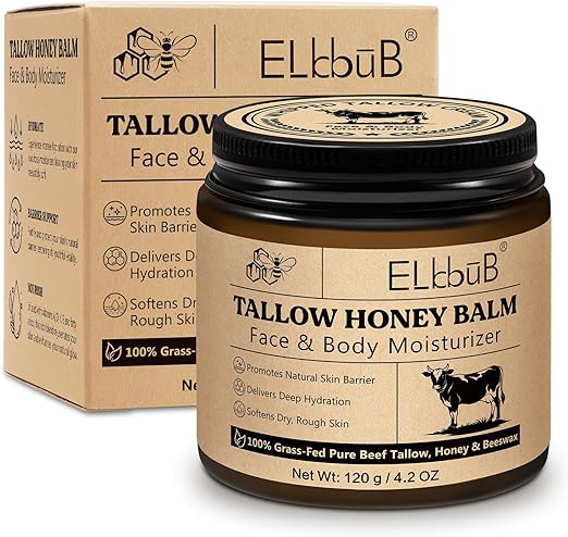 Whipped Tallow Cream for Face & Body - 100% Grass-Fed Beef Tallow, Natural Honey & Beeswax Moisturiser, Deep Hydration & Care, Oil and Fragrance Free, Quick Absorbing
