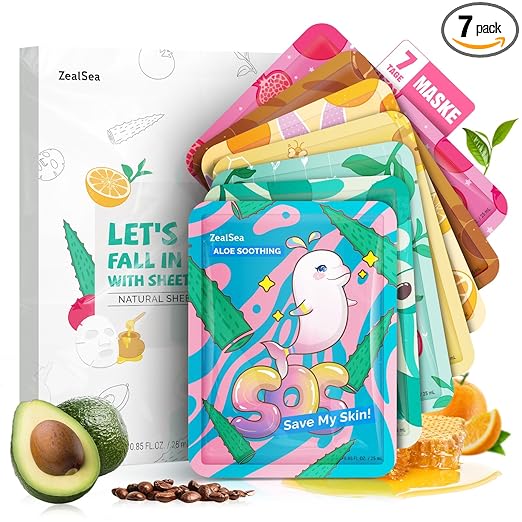 ZealSea Face Masks, Pampering Beauty Mask Set for Women, Teenagers, Girls, Moisturising, Soothing, Natural Cloth Masks for Spa Party (Pack of 7)